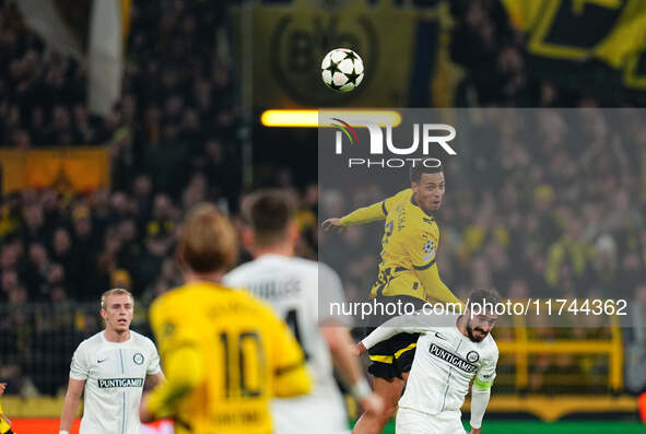 Felix Nmecha of Borussia Dortmund  heads during the Champions League Round 4 match between Borussia Dortmund v SK Sturm Graz at the Signal L...