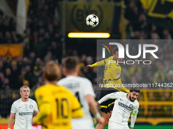 Felix Nmecha of Borussia Dortmund  heads during the Champions League Round 4 match between Borussia Dortmund v SK Sturm Graz at the Signal L...