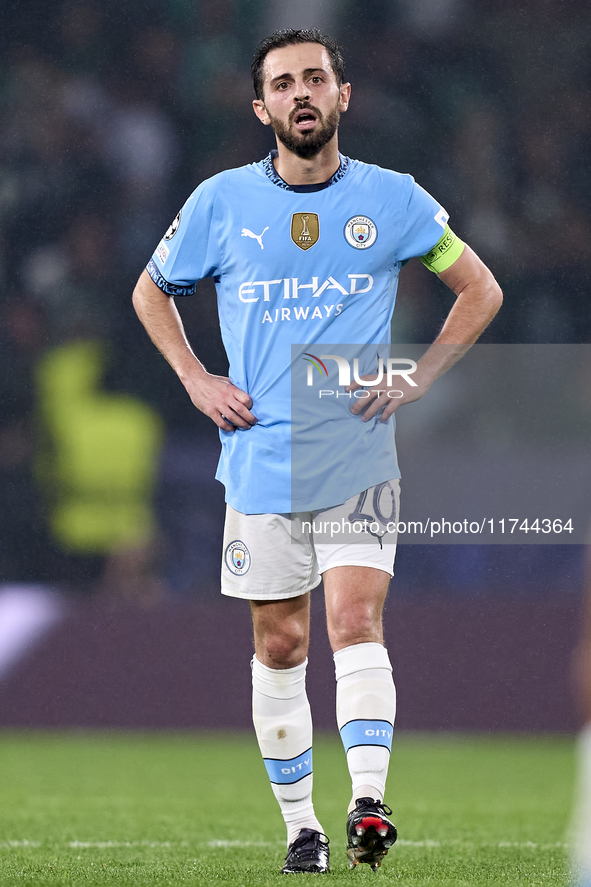 Bernardo Silva of Manchester City reacts after Viktor Gyokeres of Sporting CP scores his team's first goal during the UEFA Champions League...