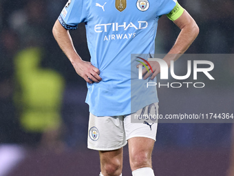 Bernardo Silva of Manchester City reacts after Viktor Gyokeres of Sporting CP scores his team's first goal during the UEFA Champions League...