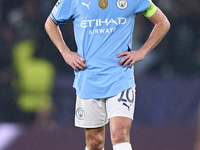 Bernardo Silva of Manchester City reacts after Viktor Gyokeres of Sporting CP scores his team's first goal during the UEFA Champions League...