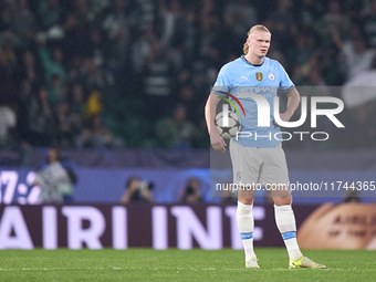 Erling Haaland of Manchester City reacts after Viktor Gyokeres of Sporting CP scores his team's first goal during the UEFA Champions League...