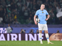 Erling Haaland of Manchester City reacts after Viktor Gyokeres of Sporting CP scores his team's first goal during the UEFA Champions League...