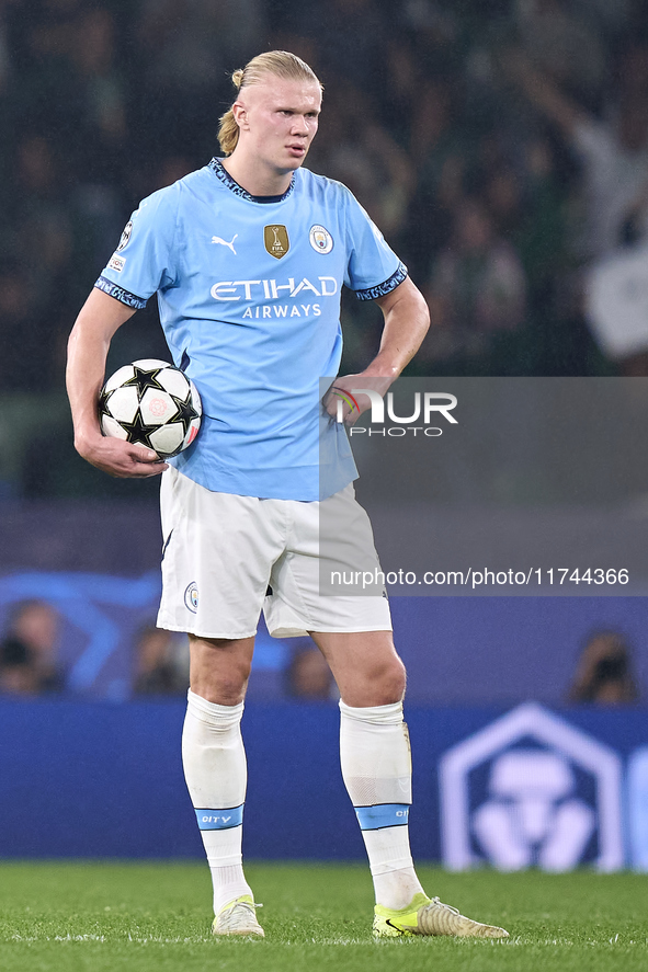 Erling Haaland of Manchester City reacts after Viktor Gyokeres of Sporting CP scores his team's first goal during the UEFA Champions League...