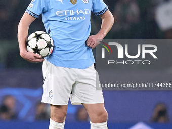 Erling Haaland of Manchester City reacts after Viktor Gyokeres of Sporting CP scores his team's first goal during the UEFA Champions League...