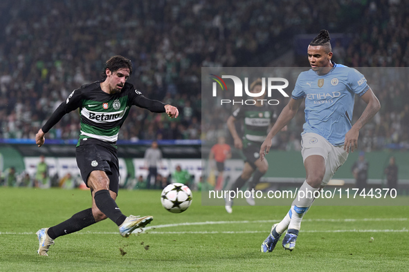 Francisco Trincao of Sporting CP shoots on goal during the UEFA Champions League match between Sporting CP and Manchester City at Jose Alval...