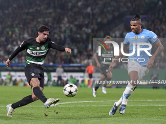 Francisco Trincao of Sporting CP shoots on goal during the UEFA Champions League match between Sporting CP and Manchester City at Jose Alval...