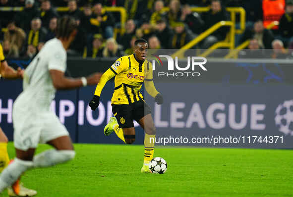 Jamie Gittens of Borussia Dortmund  controls the ball during the Champions League Round 4 match between Borussia Dortmund v SK Sturm Graz at...