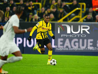 Jamie Gittens of Borussia Dortmund  controls the ball during the Champions League Round 4 match between Borussia Dortmund v SK Sturm Graz at...