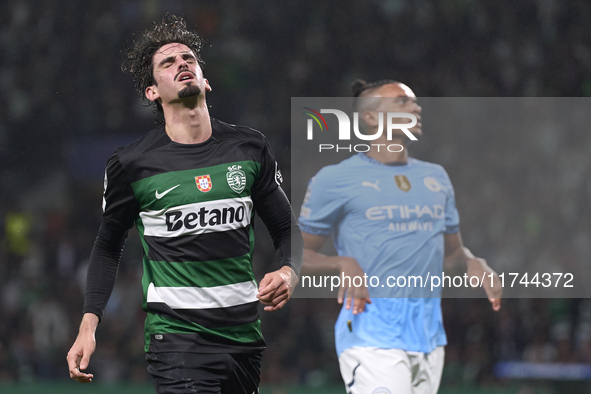 Francisco Trincao of Sporting CP reacts during the UEFA Champions League match between Sporting CP and Manchester City at Jose Alvalade Stad...