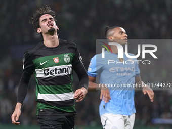 Francisco Trincao of Sporting CP reacts during the UEFA Champions League match between Sporting CP and Manchester City at Jose Alvalade Stad...