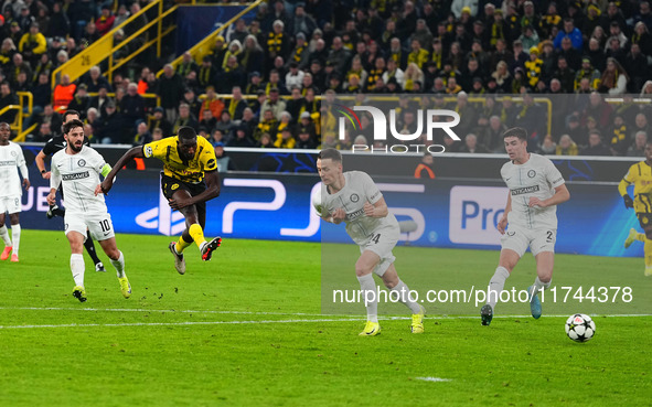 Serhou Guirassy of Borussia Dortmund  shoots on goal during the Champions League Round 4 match between Borussia Dortmund v SK Sturm Graz at...