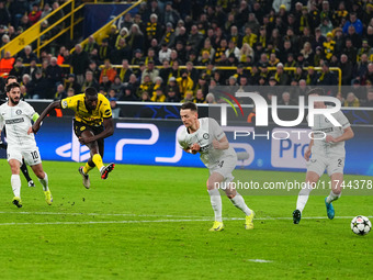 Serhou Guirassy of Borussia Dortmund  shoots on goal during the Champions League Round 4 match between Borussia Dortmund v SK Sturm Graz at...