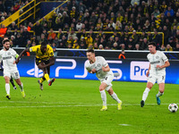 Serhou Guirassy of Borussia Dortmund  shoots on goal during the Champions League Round 4 match between Borussia Dortmund v SK Sturm Graz at...