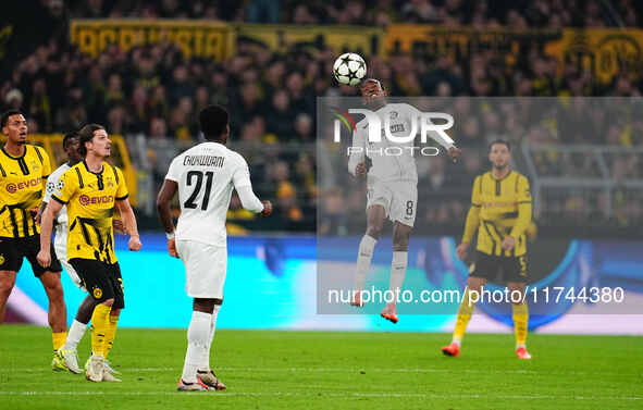 Malick Yalcouye of SK Sturm Graz  heads during the Champions League Round 4 match between Borussia Dortmund v SK Sturm Graz at the Signal Lu...