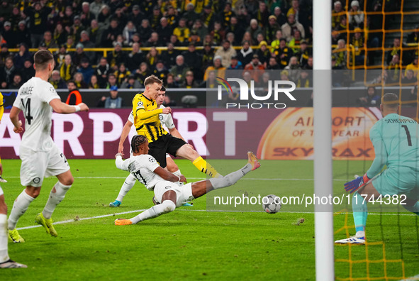 Maximilian Beier of Borussia Dortmund  shoots on goal during the Champions League Round 4 match between Borussia Dortmund v SK Sturm Graz at...