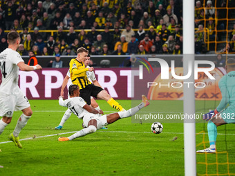 Maximilian Beier of Borussia Dortmund  shoots on goal during the Champions League Round 4 match between Borussia Dortmund v SK Sturm Graz at...