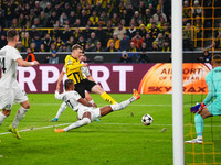 Maximilian Beier of Borussia Dortmund  shoots on goal during the Champions League Round 4 match between Borussia Dortmund v SK Sturm Graz at...