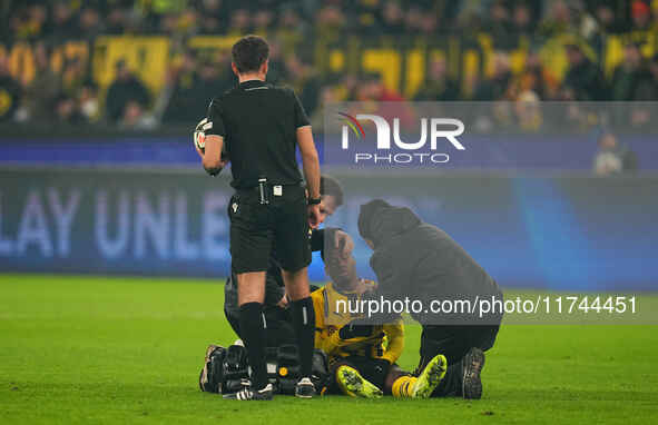 Jamie Gittens of Borussia Dortmund  on the ground during the Champions League Round 4 match between Borussia Dortmund v SK Sturm Graz at the...