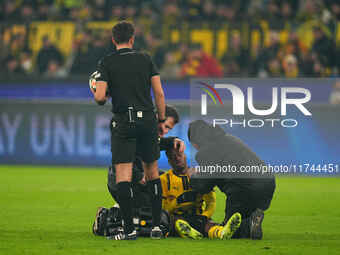 Jamie Gittens of Borussia Dortmund  on the ground during the Champions League Round 4 match between Borussia Dortmund v SK Sturm Graz at the...