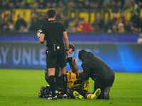 Jamie Gittens of Borussia Dortmund  on the ground during the Champions League Round 4 match between Borussia Dortmund v SK Sturm Graz at the...