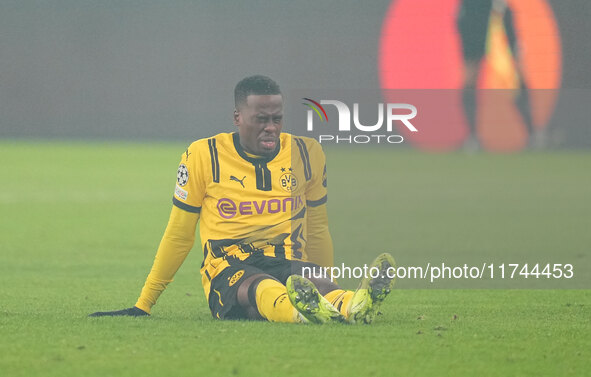 Jamie Gittens of Borussia Dortmund  on the ground during the Champions League Round 4 match between Borussia Dortmund v SK Sturm Graz at the...