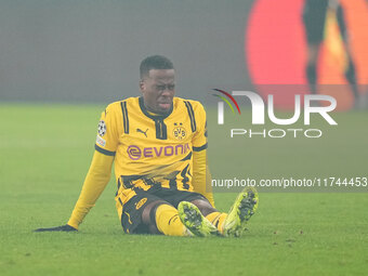 Jamie Gittens of Borussia Dortmund  on the ground during the Champions League Round 4 match between Borussia Dortmund v SK Sturm Graz at the...