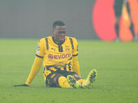 Jamie Gittens of Borussia Dortmund  on the ground during the Champions League Round 4 match between Borussia Dortmund v SK Sturm Graz at the...