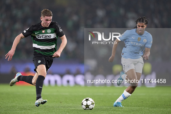 Viktor Gyokeres of Sporting CP is challenged by Jahmai Simpson-Pusey of Manchester City during the UEFA Champions League match between Sport...