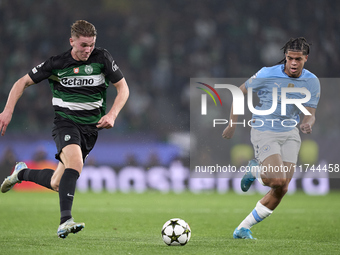 Viktor Gyokeres of Sporting CP is challenged by Jahmai Simpson-Pusey of Manchester City during the UEFA Champions League match between Sport...