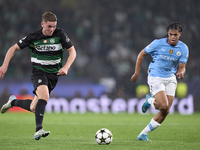 Viktor Gyokeres of Sporting CP is challenged by Jahmai Simpson-Pusey of Manchester City during the UEFA Champions League match between Sport...