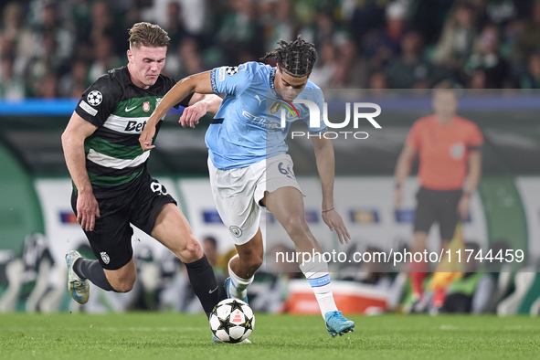 Viktor Gyokeres of Sporting CP competes for the ball with Jahmai Simpson-Pusey of Manchester City during the UEFA Champions League match bet...