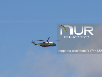 Marine One is seen in Washington, DC. Americans cast their ballots in the presidential race between Republican nominee former President Dona...