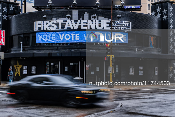 A general exterior view of the First Avenue music venue with a sign encouraging people to vote on Election Day 2024 in Minneapolis, Minnesot...