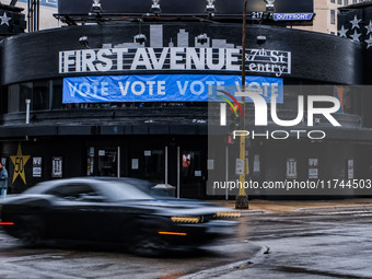 A general exterior view of the First Avenue music venue with a sign encouraging people to vote on Election Day 2024 in Minneapolis, Minnesot...