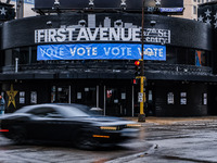 A general exterior view of the First Avenue music venue with a sign encouraging people to vote on Election Day 2024 in Minneapolis, Minnesot...