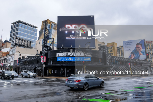 A general exterior view of the First Avenue music venue with a sign encouraging people to vote on Election Day 2024 in Minneapolis, Minnesot...