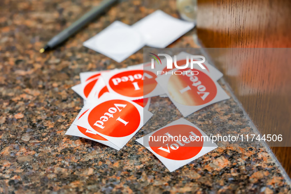 'I Voted' stickers are seen in the Hennepin County Government Center on Election Day 2024 in Minneapolis, Minnesota, on November 5, 2024. 