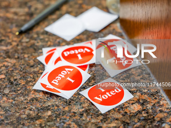 'I Voted' stickers are seen in the Hennepin County Government Center on Election Day 2024 in Minneapolis, Minnesota, on November 5, 2024. (