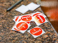 'I Voted' stickers are seen in the Hennepin County Government Center on Election Day 2024 in Minneapolis, Minnesota, on November 5, 2024. (