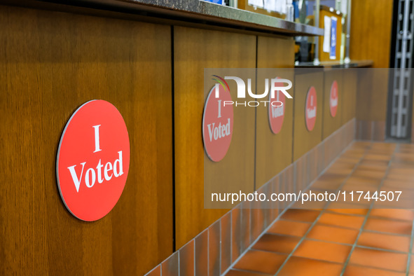 'I Voted' banners are seen in the Hennepin County Government Center on Election Day 2024 in Minneapolis, Minnesota, on November 5, 2024. 