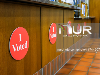 'I Voted' banners are seen in the Hennepin County Government Center on Election Day 2024 in Minneapolis, Minnesota, on November 5, 2024. (