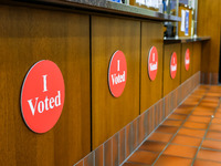 'I Voted' banners are seen in the Hennepin County Government Center on Election Day 2024 in Minneapolis, Minnesota, on November 5, 2024. (