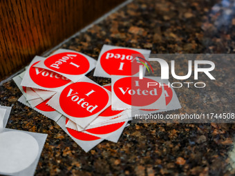 'I Voted' stickers are seen in the Hennepin County Government Center on Election Day 2024 in Minneapolis, Minnesota, on November 5, 2024. (