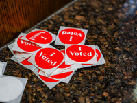 'I Voted' stickers are seen in the Hennepin County Government Center on Election Day 2024 in Minneapolis, Minnesota, on November 5, 2024. (