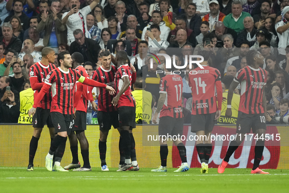 Alvaro Morata centre-forward of AC Milan and Spain celebrates after scoring his sides first goal during the UEFA Champions League 2024/25 Le...