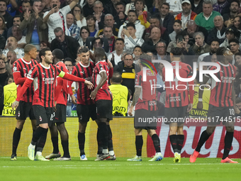 Alvaro Morata centre-forward of AC Milan and Spain celebrates after scoring his sides first goal during the UEFA Champions League 2024/25 Le...