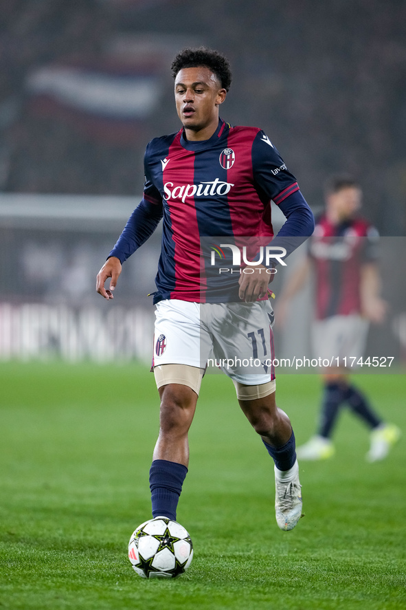 Dan Ndoye of Bologna FC during the UEFA Champions League 2024/25 League Phase MD4 match between Bologna FC and AS Monaco at Stadio Renato Da...