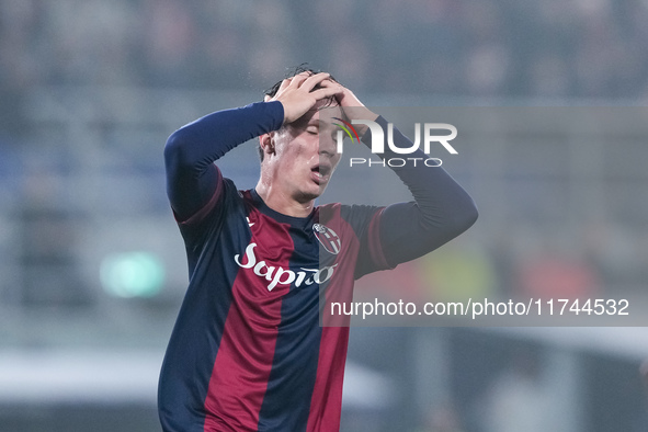 Giovanni Fabbian of Bologna FC looks dejected during the UEFA Champions League 2024/25 League Phase MD4 match between Bologna FC and AS Mona...