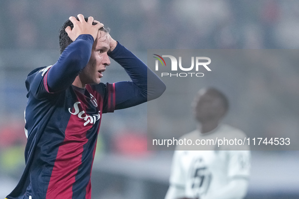 Giovanni Fabbian of Bologna FC looks dejected during the UEFA Champions League 2024/25 League Phase MD4 match between Bologna FC and AS Mona...